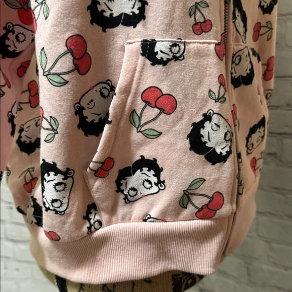 Betty Boop Fleischer Pink Zip Hoodie with Cartoon and Cherry Print front pockets - Picture 6 of 8